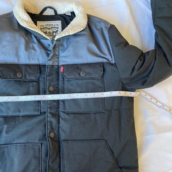 Small Levi's Sherpa Collar Utility Workwear Jacket Black Gray Colorblock Puffer - Picture 12 of 14